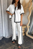 Casual Simplicity Solid Ripple Patchwork Boat Neck Long Sleeve Two Pieces(6 Colors)
