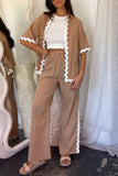 Casual Simplicity Solid Ripple Patchwork Boat Neck Long Sleeve Two Pieces(6 Colors)