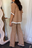 Casual Simplicity Solid Ripple Patchwork Boat Neck Long Sleeve Two Pieces(6 Colors)