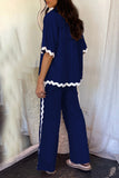 Casual Simplicity Solid Ripple Patchwork Boat Neck Long Sleeve Two Pieces(6 Colors)