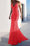 Sexy Solid Color Lace Backless Patchwork V Neck Evening Dresses