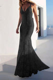 Sexy Solid Color Lace Backless Patchwork V Neck Evening Dresses