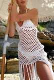Sexy Solid Color Fringed Trim Hollow Out See-Through Backless Swimwears Cover Up