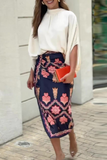 Celebrities Elegant Flowers Print Slit Half A Turtleneck Long Sleeve Two Pieces