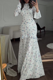 Elegant Flowers Print Patchwork Ruffle Half A Turtleneck Long Sleeve Dresses
