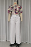 Elegant Floral Print Pocket O Neck Short Sleeve Two Pieces