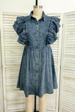 Casual Solid Color Distressed Pocket Ruffle Turndown Collar Short Sleeve Denim Dresses