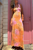 Casual Print Backless U Neck Long Dresses(3 Colors)