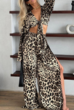 Sexy Street Leopard Print Lace Up V Neck Long Sleeve Two Pieces