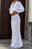 Daily Elegant Solid Color Hollow Out Buttons V Neck Long Sleeve Two Pieces