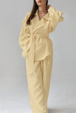Casual Daily Pocket Lace Up Turn-back Collar Long Sleeve Two Pieces
