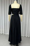Casual Hollow Out Ruched Square Neck A Line Short Sleeve Dress