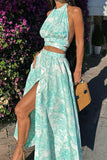 Sexy Street Floral Print Pocket Lace Up Buckle Backless Halter Sleeveless Two Pieces