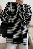 Casual Daily Striped Print Slit Contrast O Neck Tops