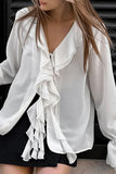 Elegant Solid Color Ruffle V Neck Blouses