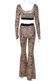 Sexy Street Leopard Patchwork U Neck Long Sleeve Two Pieces