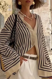Casual Stripe Buttons Slit Contrast O Neck Blouses