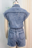 Casual Ripped Patchwork Turndown Collar Short Sleeve High Waist Regular Denim Romper