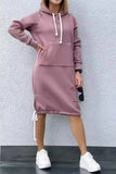 Casual Street Draw String Lace Up Hooded Long Sleeve Dresses(5 Colors)