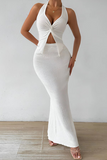 Sexy Lace Up Slit Ruched Halter Sleeveless Two Pieces