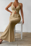 Sexy Lace Up Slit Ruched Halter Sleeveless Two Pieces