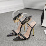 Casual Daily Lace Up Patchwork Metal Accessories Trim Chains Pointed Shoes (Heel Height 4.53in)(4 Colors)