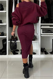 Casual Slit O Neck Long Sleeve Two Pieces(4 Colors)