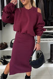 Casual Slit O Neck Long Sleeve Two Pieces(4 Colors)