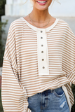 Casual Stripe Buckle Patchwork Contrast O Neck Tops