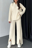 Casual Pocket Slit Zipper Potholes Turndown Collar Long Sleeve Two Pieces(3 Colors)