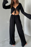 Casual Lace Up Ruffle V Neck Long Sleeve Two Pieces
