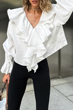 Casual Solid Color Ruffle V Neck Blouses