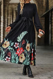 Elegant Floral Print Lace Up Half A Turtleneck A Line Dresses