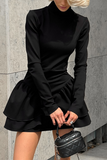 Casual Patchwork Ruffle Zipper Turtleneck A Line Dresses