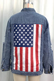 Casual Street American Flag Ripped Buttons Patchwork Turndown Collar Long Sleeve Loose Denim Jacket