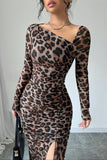 Sexy Casual Leopard Print Draw String Lace Up Slit Oblique Collar Long Sleeve Dresses(3 Colors)