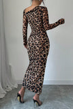 Sexy Casual Leopard Print Draw String Lace Up Slit Oblique Collar Long Sleeve Dresses(3 Colors)