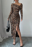 Sexy Casual Leopard Print Draw String Lace Up Slit Oblique Collar Long Sleeve Dresses(3 Colors)