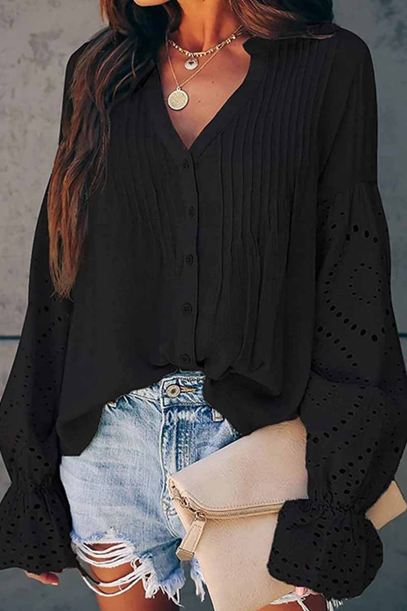 Florcoo V-Neck Single Breasted Loose Flared Long Sleeves Tops (3 Color）