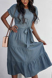 Florcoo Pure Color Simple Restraint Waist Midi Dress(3 Colors)