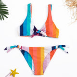 Florcoo Two-Piece Rainbow Striped Knotted Swimsuit