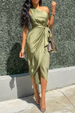 Elegant Solid Patchwork Frenulum Oblique Collar Pencil Skirt Dresses(3 Colors)