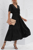 Elegant Solid Patchwork With Belt V Neck Cake Skirt Dresses