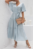 Elegant Solid Split Joint With Belt V Neck Cake Skirt Dresses(4 colors)