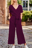 Casual Solid Patchwork V Neck Loose Jumpsuits(3 Colors)