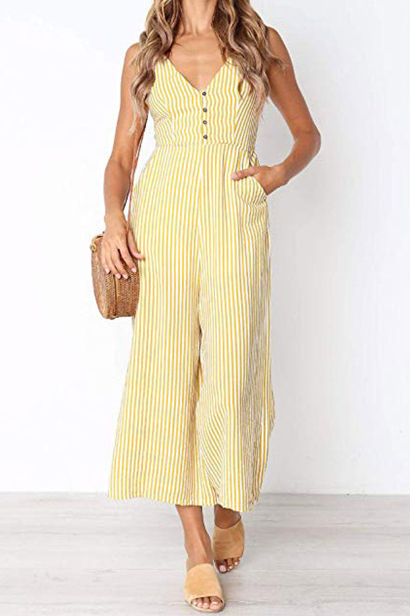 Fashion Casual Striped Patchwork V Neck Loose Jumpsuits