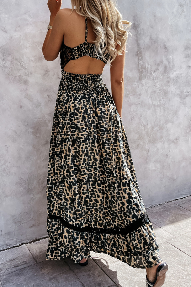 Elegant Leopard Lace Hollowed Out Backless A Line Dresses