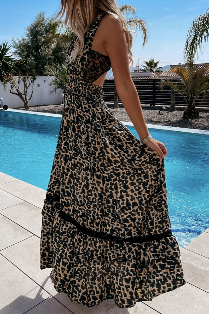 Elegant Leopard Lace Hollowed Out Backless A Line Dresses