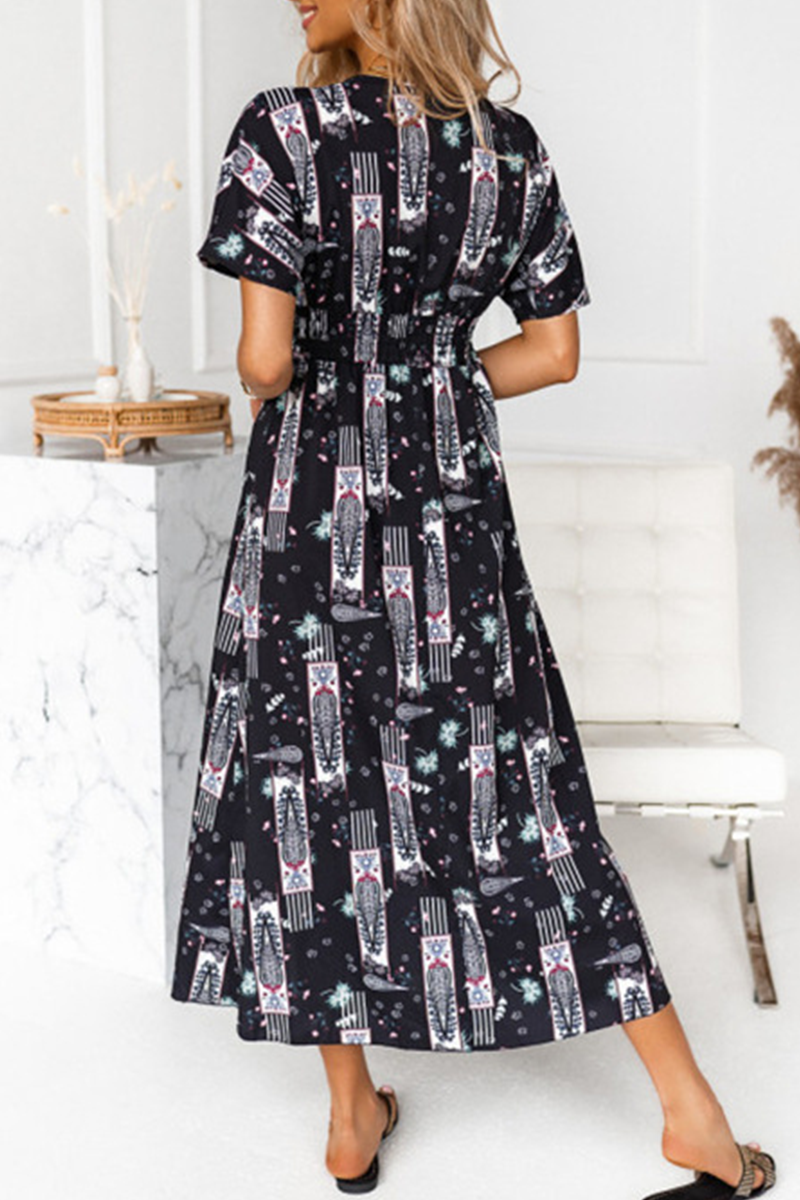 Fashion Elegant Print Tassel Split Joint V Neck A Line Dresses