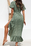 Elegant Print Frenulum Flounce V Neck Irregular Maxi Dresses